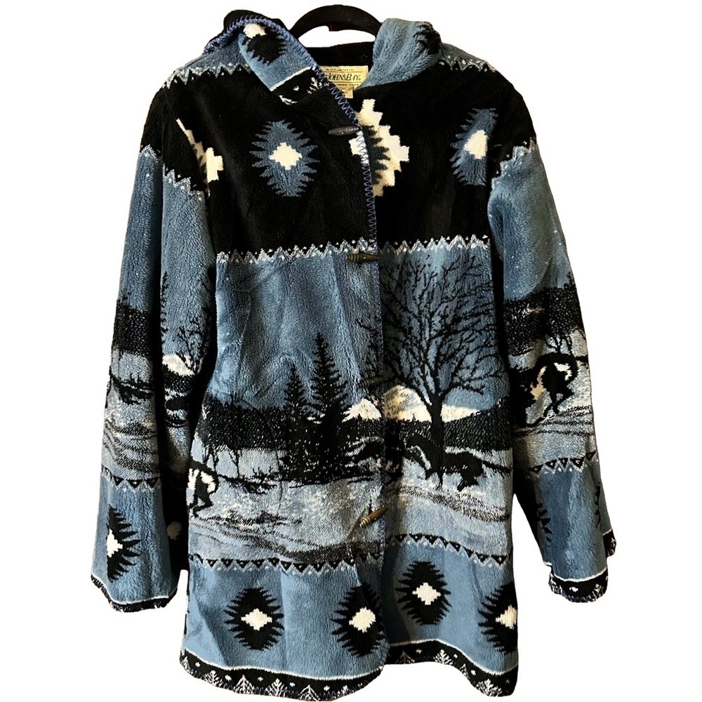 Vintage St Johns Bay USA Fleece Aztec Horse Patterned Jacket Hooded Fleece Sz L